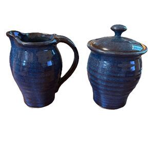 Vintage 1998 GREG NEAL Signed Studio Pottery Blue Creamer And Lidded Sugar Dish